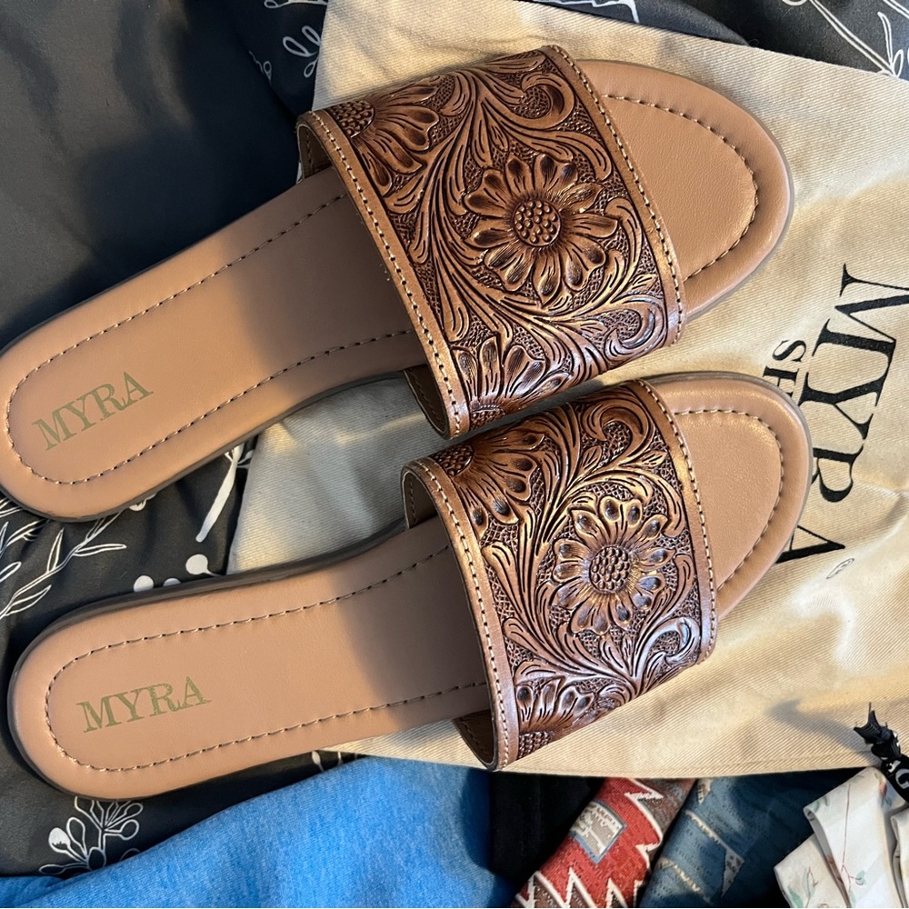 Myra Bag Women's Brown Embossed Slide Sandals